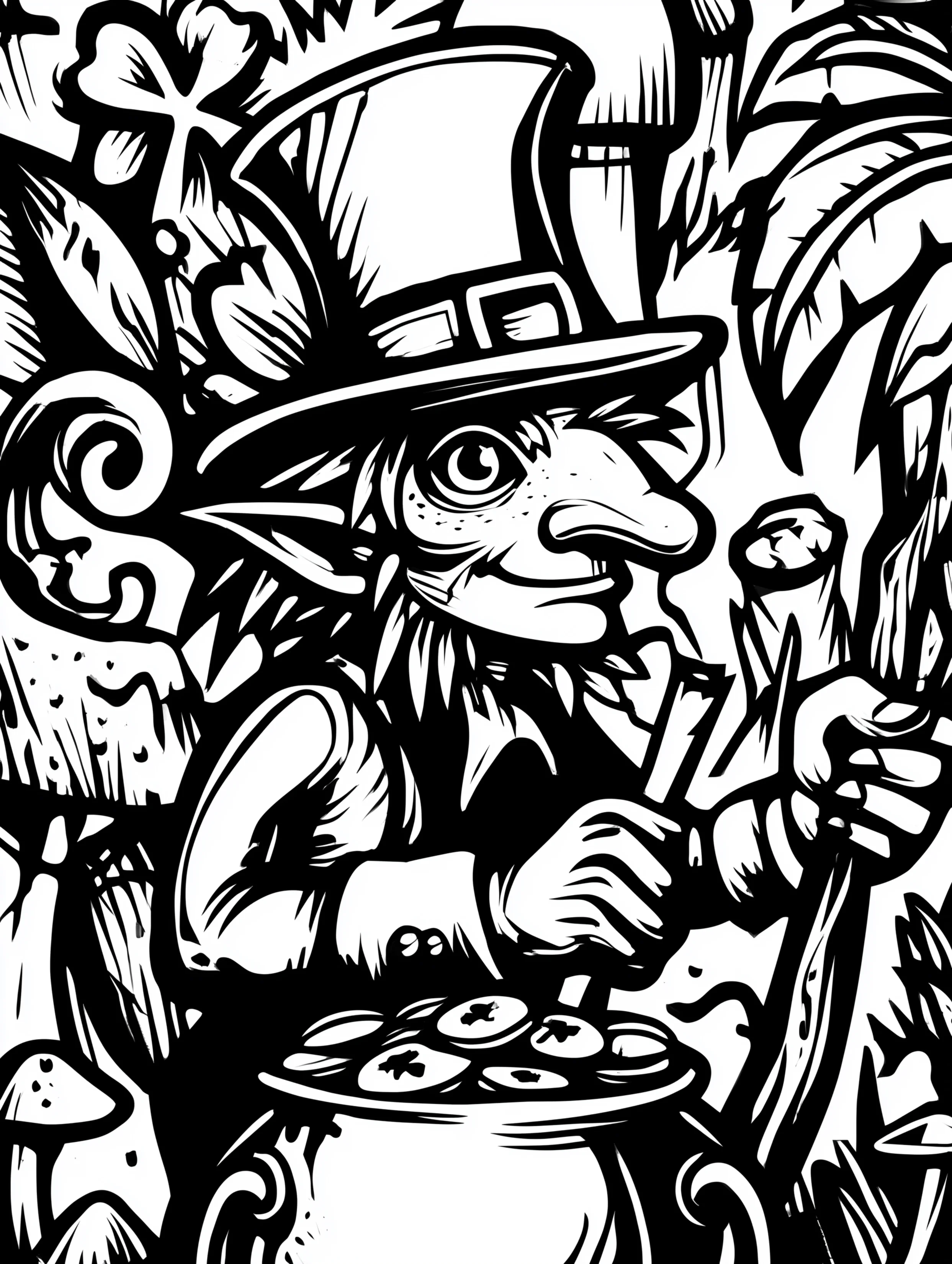 Free printable St Patricks Day coloring page for adults featuring a leprechaun with a pot of gold